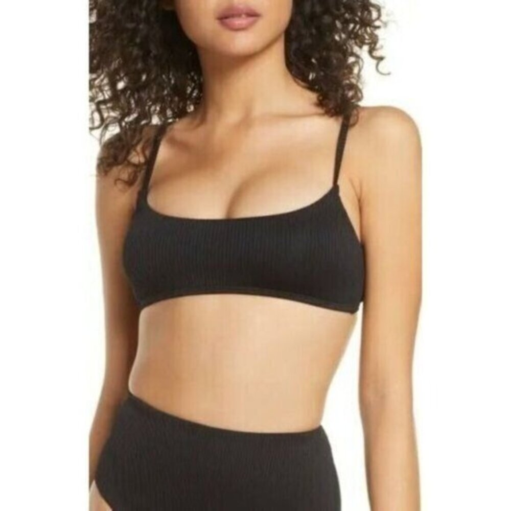 Topshop Black Ribbed Bandeau Bikini Swim Top with Straps Sz 8 NWT